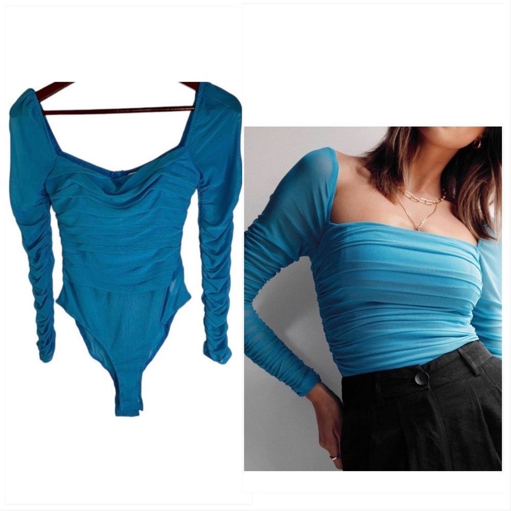 Princess Polly Womens Bright Blue Delany Ruched Square Neck Longsleeve Bodysuit